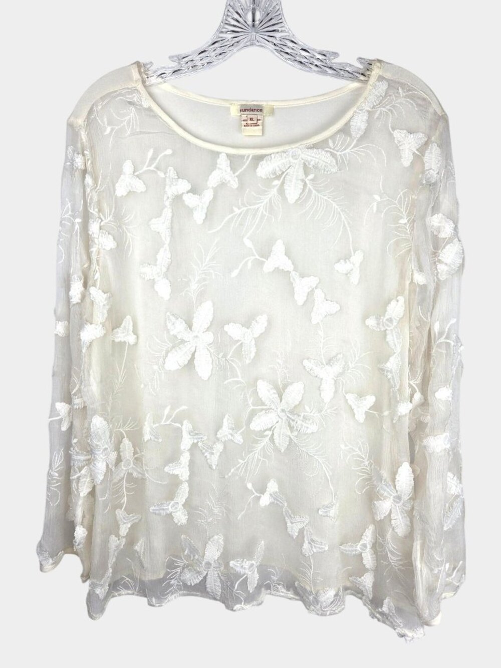 Sundance Top Ivory Sheer Silk XL 3D Flower Applique Boho Romantic Feminine